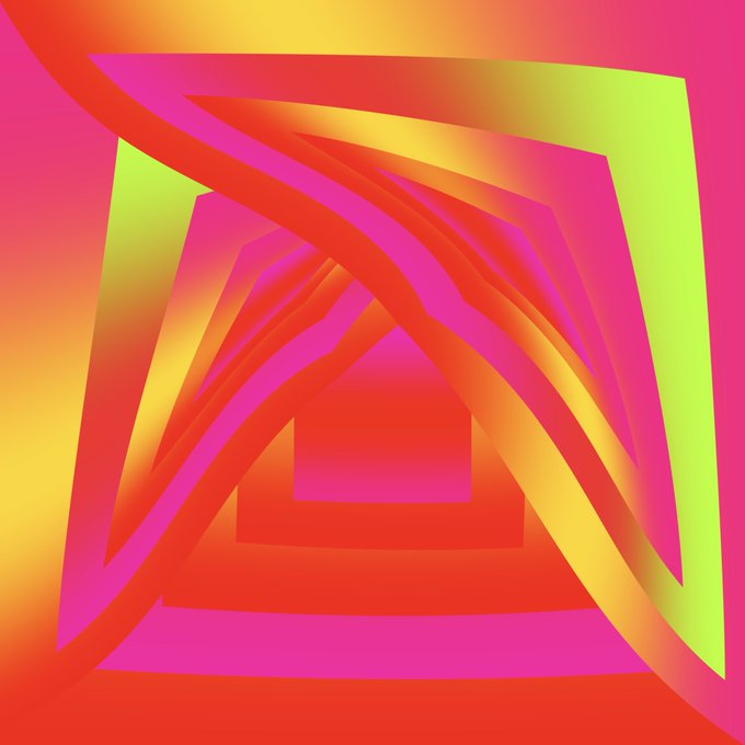 An abstract digital artwork features overlapping curved red and orange bands forming geometric shapes against vibrant pink, yellow, and lime green backgrounds.