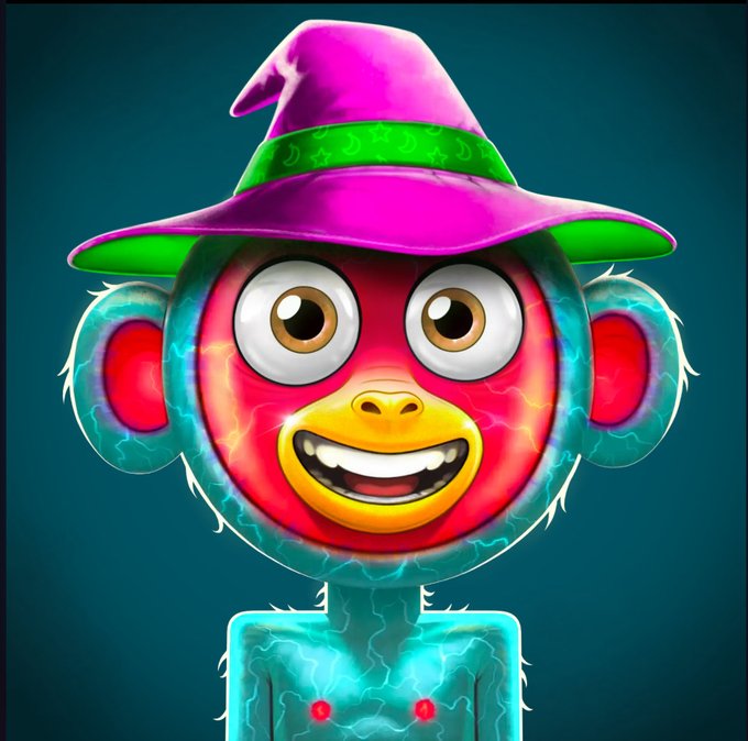 A colorful digital illustration of a vibrant monkey character wearing a pink and green witch hat, with glowing electric effects across its fur.