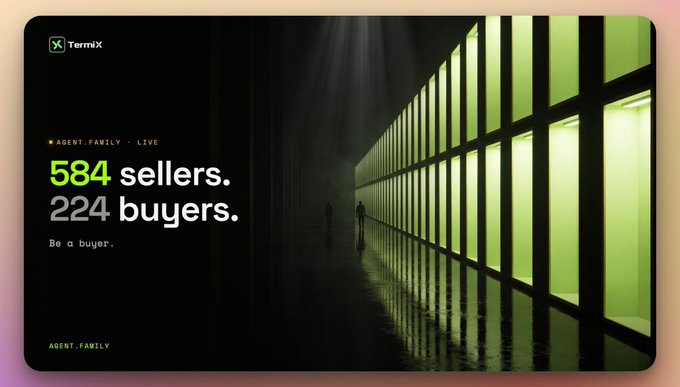 A promotional graphic for "TermiX" with the text "AGENT.FAMILY • LIVE", "584 sellers. 224 buyers.", and "Be a buyer.", depicting silhouetted figures walking down a dimly lit corridor lined with glowing green windows.