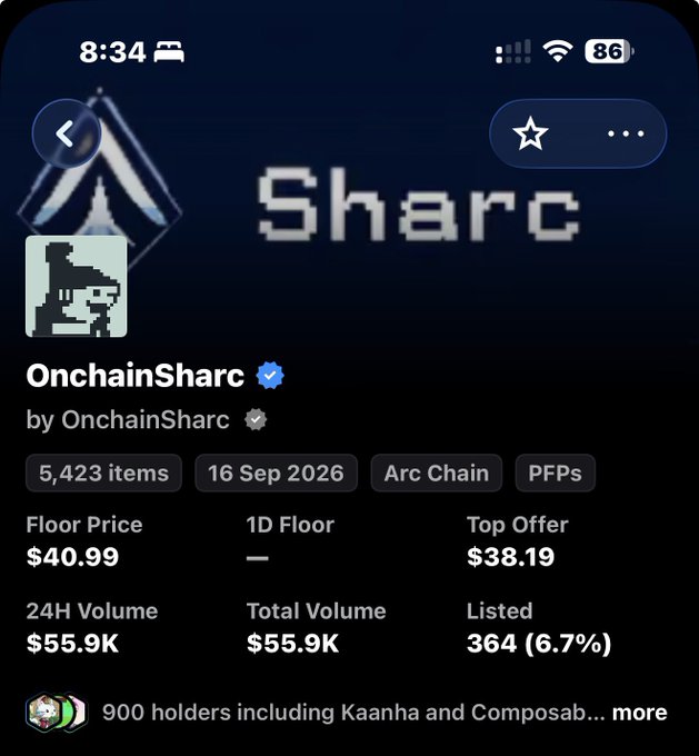 Screenshot of the OnchainSharc NFT collection page showing a floor price of $40.99, 24H volume of $55.9K, and 900 holders on Arc Chain, supporting the post's mention of NFTs priced around 40 USDC on Arc.