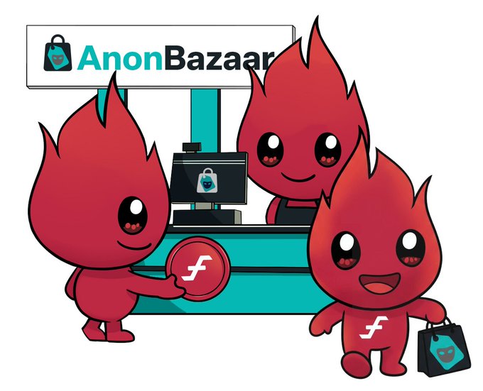 Three cheerful red flame-like cartoon mascots gather at a teal checkout counter under an "AnonBazaar" sign, with one handing over an "ƒ" (Firo) coin and another carrying a shopping bag bearing the marketplace's logo—illustrating the post's message of private, peer-to-peer buying and selling with Firo's anonymity features.