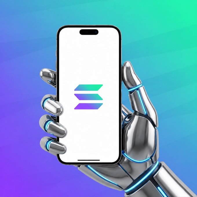 The image features a hand holding a smartphone with a green and purple logo, which appears to be an AI agent or bot. The caption below the image reads "AI Agents are heating up on Solana What'S your top AI agent pick right now?". This suggests that the AI agents in the image might be related to cryptocurrency mining or trading, as they are described as "heating up" and "picking right".