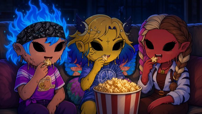 Three cartoonish demons with vibrant hair—blue flames, golden horns, and a pink braid—snack on popcorn while lounging together on a couch, one wearing a shirt featuring a pizza slice design. The cozy, movie-night vibe matches the post's relaxed message about unwinding with popcorn, while the demon aesthetic ties into the crypto community's "Solana is calling" reference.