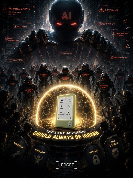 A dramatic Ledger advertisement features a menacing AI figure and robots surrounding a glowing hardware wallet, with the text "THE LAST APPROVAL SHOULD ALWAYS BE HUMAN."