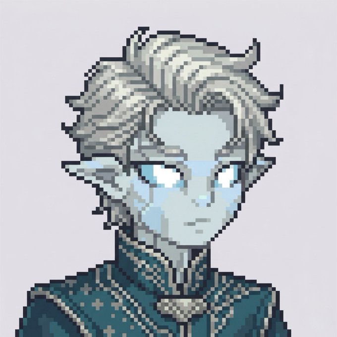 A pixel art portrait of a pale, blue-skinned character with silver-white hair and light blue eyes, wearing an ornate dark teal and silver outfit.
