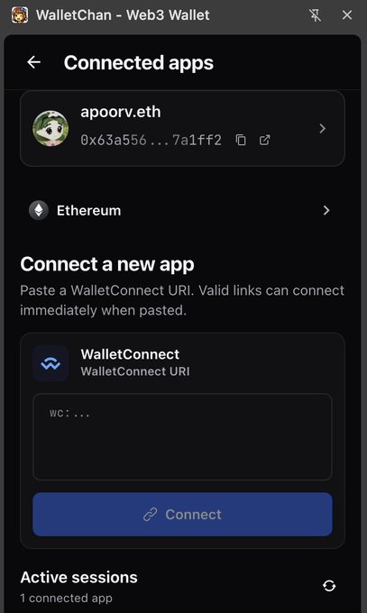 A screenshot of the WalletChan Web3 Wallet app showing the Connected apps page, featuring a connected app 'apoorv.eth' (0x63a556...7a1ff2) and a WalletConnect URI field for connecting new apps.