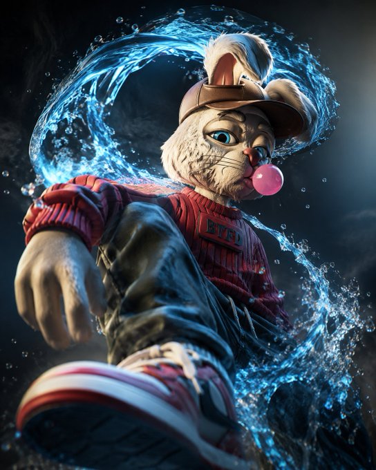 A 3D digital artwork of an anthropomorphic cat wearing a cap and red jacket, blowing a pink bubblegum bubble surrounded by swirling blue water effects.