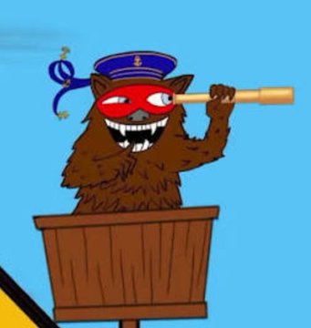 A cartoon brown furry monster wearing a graduation cap and red mask stands behind a wooden podium, holding a telescope or rolled paper to its eye against a blue background.