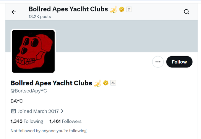 A Twitter/X profile page for 'Boilred Apes Yachlt Clubs' with a red skull logo, the handle @BorlsedApyYC, 13.2K posts, and a join date of March 2017.