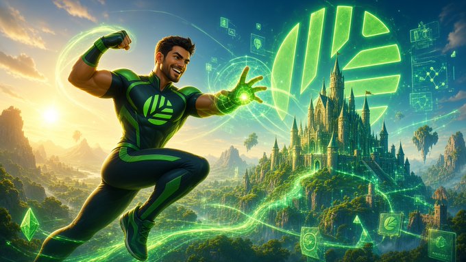 A vibrant digital artwork shows a muscular man in a green and black suit leaping forward while emitting green energy, set against a fantasy landscape with a glowing green Beldex logo and floating digital icons.