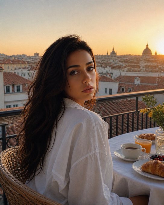 A warm-toned portrait of a woman with long dark wavy hair in a white shirt sitting at a balcony breakfast table overlooking a European city skyline at sunset.