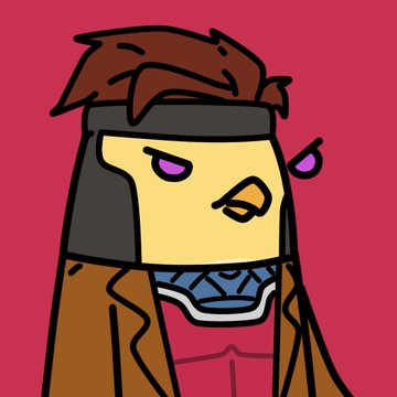 A cartoon character with spiky brown hair, a black headband, and a brown jacket glares suspiciously against a red background, paired with a post referencing "Canary Gambit" and an NFT collection link. The image humorously illustrates the post's punchline about Channing Tatum's reaction to the CanaryPunk NFT, with the character's suspicious side-eye capturing the comedic skepticism.