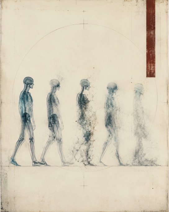 An artistic illustration showing the progression of human evolution or dissolution, depicting five figures walking in a line from a skeletal form on the left to a smoky, dissipating silhouette on the right, framed within a circular design.