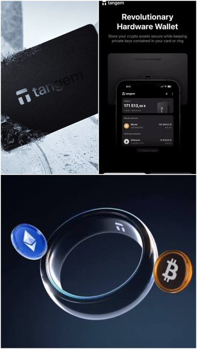 A promotional graphic for Tangem's 'Revolutionary Hardware Wallet' showing a branded card and ring against dark backgrounds with floating Bitcoin and altcoin icons.