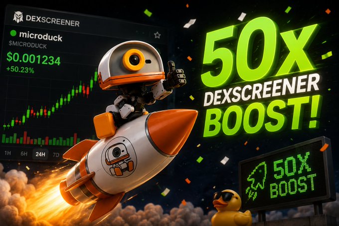 A promotional graphic for 'DEXSCREENER' featuring a robot on a rocket, showing a stock chart for 'microduck $MICRODUCK' at $0.001234 with a +50.23% gain, and text reading '50X DEXSCREENER BOOST!'.