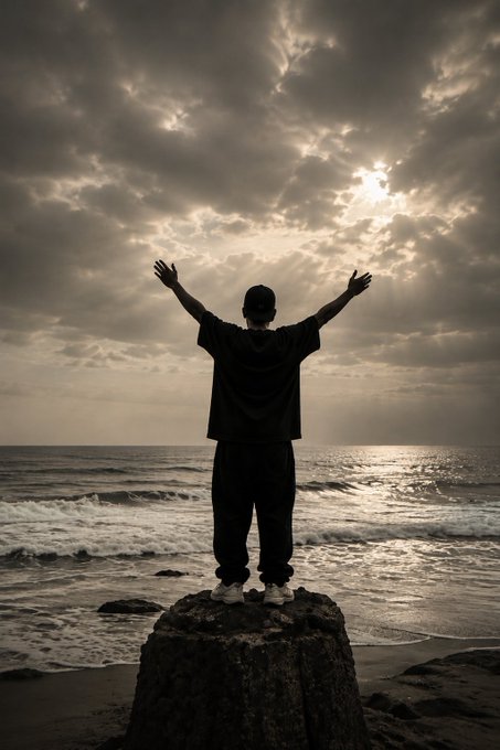 A silhouette of a person standing on a rock with arms raised toward a dramatic cloudy sky over the ocean.