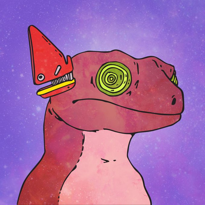 Digital illustration of a pinkish-red dinosaur with a hypnotic green spiral eye and a small red triangular hat/fin on its head, set against a purple starry galaxy background.
