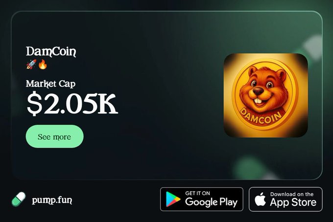 A promotional graphic for 'DamCoin' cryptocurrency on pump.fun, showing a market cap of $2.05K and featuring a golden coin logo with a beaver mascot, with download links for Google Play and App Store.
