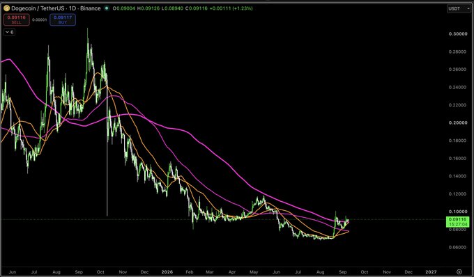 A daily chart of DOGE/USDT on Binance shows the price at 0.08906 (+1.23%), with the candle structure highlighting a long-term downtrend from ~$0.30 highs to a current low near $0.0811, visually supporting the poster's view that this area forms a clear long-term bottom.
