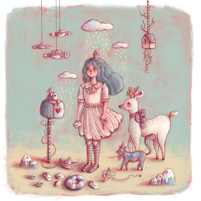 A whimsical, pastel-toned illustration of a girl with long hair standing among clouds, animals (deer, cat), a mailbox, and nautical elements in a dreamy scene.