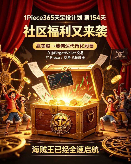 A promotional graphic with Chinese text including '1Piece365天定投计划 第154天' and '社区福利又来袭', featuring anime characters around a treasure chest showing a stock graph on Bitget Wallet.