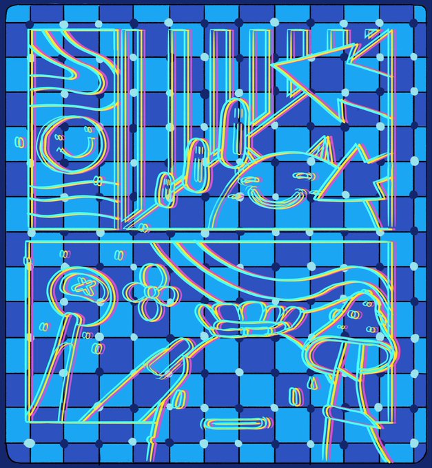 The image features an abstract art piece with a blue background, featuring various shapes and designs including a checkerboard pattern of squares and circles. The artwork includes elements such as a person's face, a bird, and a flower. The post has been edited to include a watermark that reads "Gm! I’ve still been putting work out on SOL, but it’s been a minute since I’ve shown any love to @objktcom Changed that today."