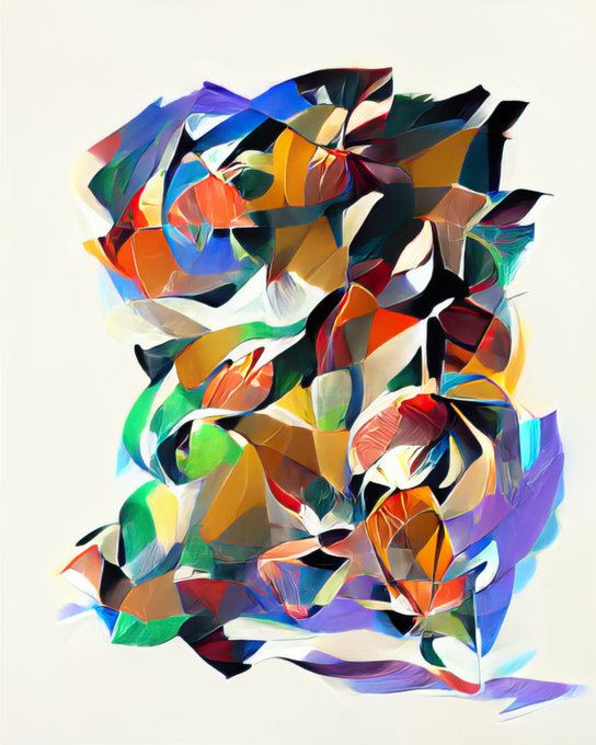 An abstract digital artwork featuring a chaotic, colorful composition of geometric shapes in blue, orange, green, and red.