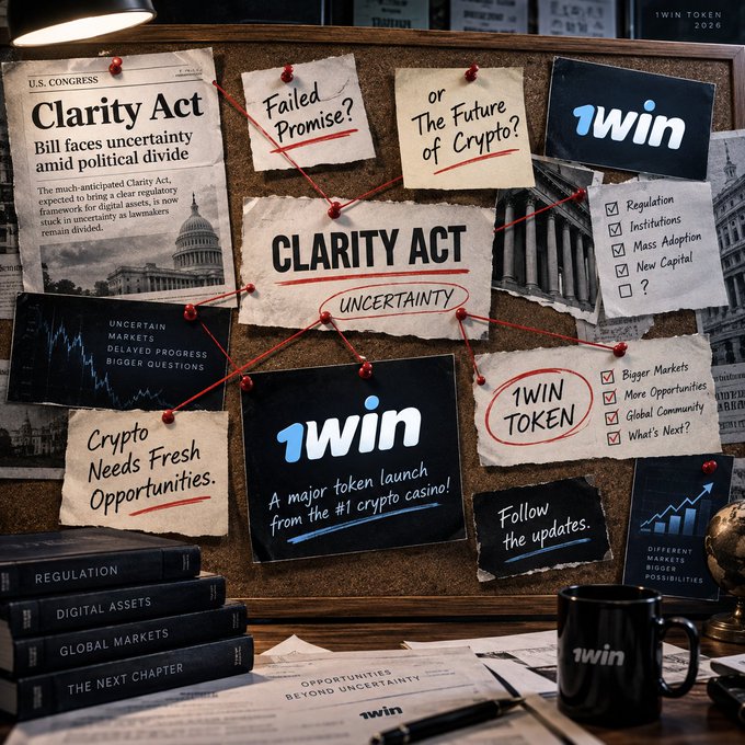 A corkboard covered with pinned newspaper clippings and notes connecting with red strings, displaying headlines about the "CLARITY ACT" and "UNCERTAINTY", alongside prominent "1win" branding and a checklist.