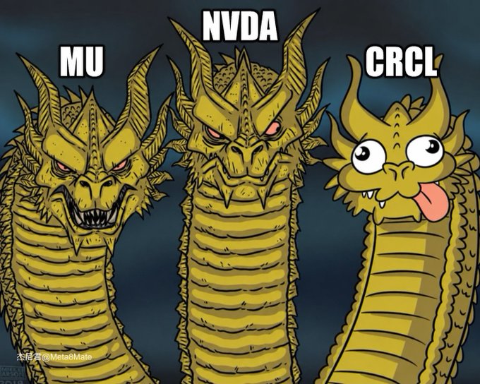 A meme using the Three-Headed Dragon (King Ghidorah) template, where the two fierce heads are labeled 'MU' (Micron) and 'NVDA' (Nvidia), while the goofy, derpy head is labeled 'CRCL' (Circle).