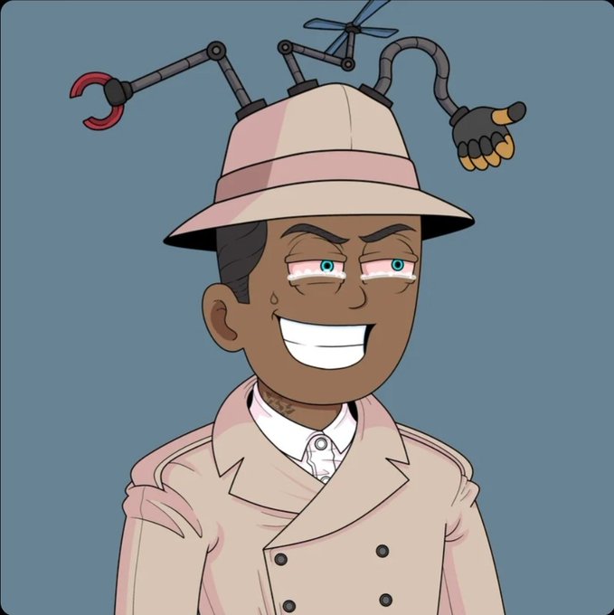 A digital illustration of a cartoon character with a wide smile wearing a pink hat and trench coat, with mechanical appendages including a hook and robotic hand protruding from the top of the hat.