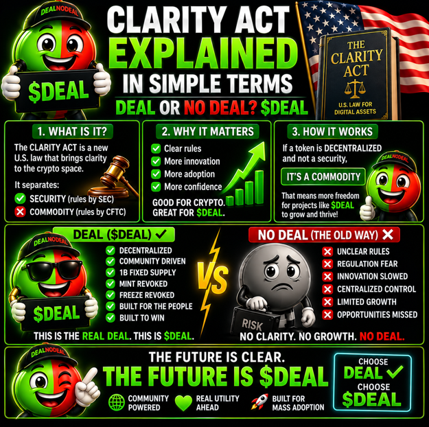 An infographic titled 'CLARITY ACT EXPLAINED IN SIMPLE TERMS' featuring a '$DEAL' mascot in green and red, comparing 'DEAL' vs 'NO DEAL' with various checkmarked and crossed-out attributes.