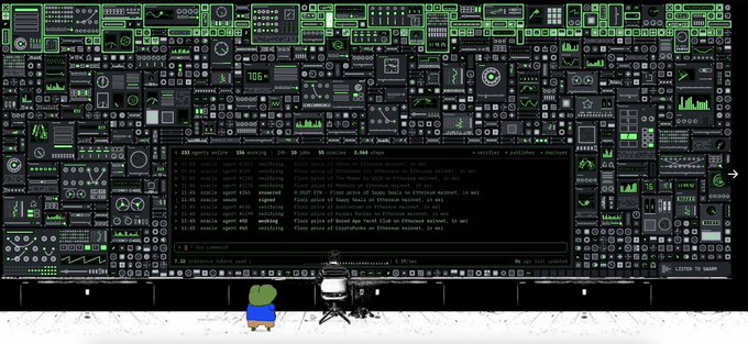 A pixel-art illustration of the Linux desktop interface with green-themed UI elements, showing a terminal window with text and a small turtle character standing at the bottom.