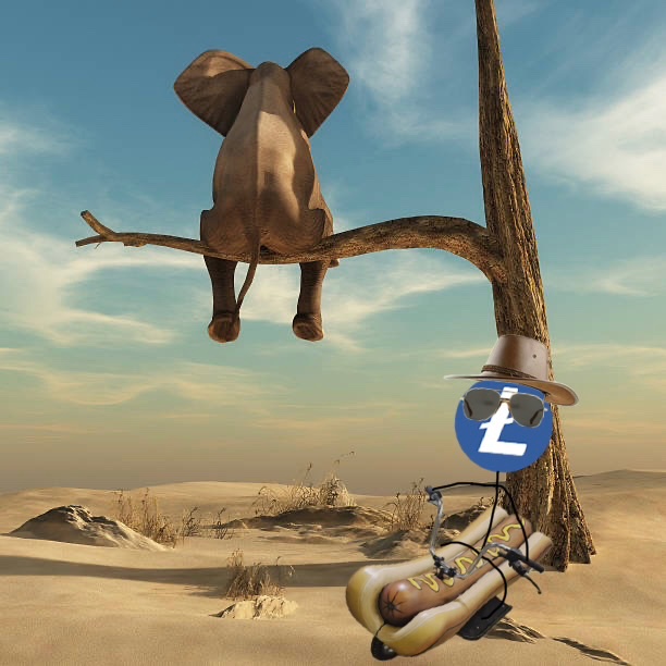 An elephant sits on a tree branch, while a Litecoin symbol character rides a hot dog on a unicycle below. This imagery embodies the sentiment of "Sometimes it's best to not ask questions" by presenting a nonsensical and surreal scene that defies logical explanation.