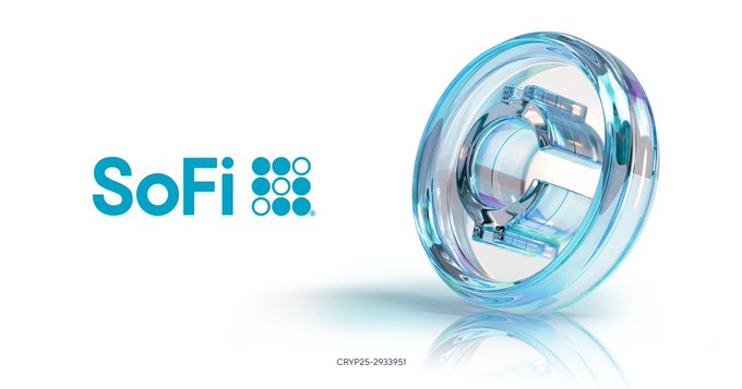 A promotional graphic featuring the SoFi logo in teal on the left, alongside a 3D rendering of a clear glass sphere with blue tints on the right. Small text at the bottom reads 'CRYP25-2933951'.