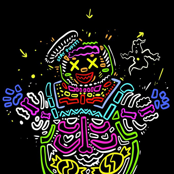 A vibrant neon-style illustration features a skeletal figure with an open, toothy grin and X's for eyes, with "STAY PURRTY" written on its head, accompanied by a floating ghost — fitting for a Halloween-themed "GM" (good morning) post. The skeleton appears to be showing off its ribcage and bones in a playful, doodle-like aesthetic, with arrows pointing down toward the figure as if directing attention to it.