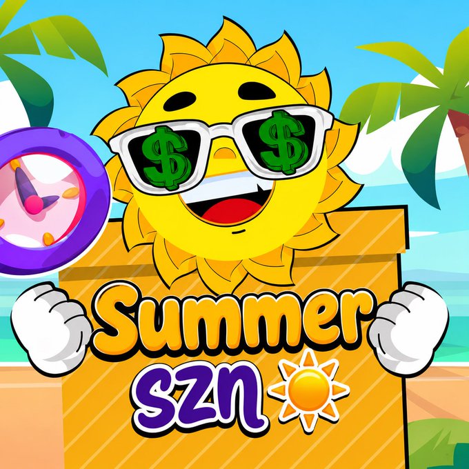 A cartoon sun wearing sunglasses with dollar signs in the lenses smiles above the bold text "Summer szn," set against a tropical beach backdrop with palm trees. The image ties into the post by visually representing the "$SZN" Summer Token Solana presale project, reinforcing its sunny, money-themed branding.