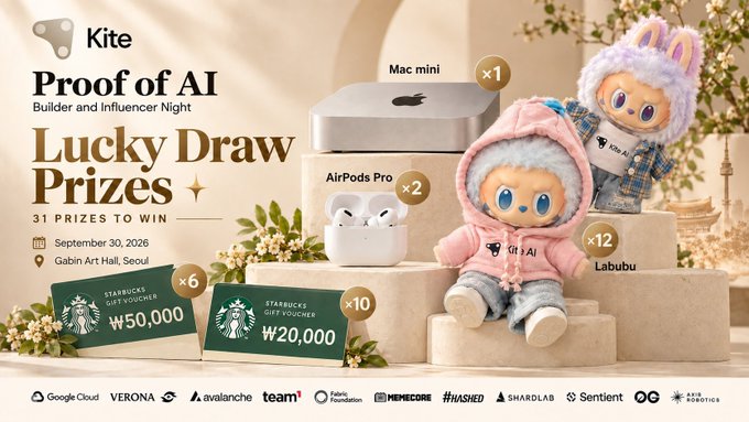 Promotional poster for a 'Kite Proof of AI Builder and Influencer Night' Lucky Draw on September 30, 2026 at Gabin Art Hall, Seoul, featuring prizes like a Mac mini, AirPods Pro, Starbucks vouchers, and Labubu plushies.