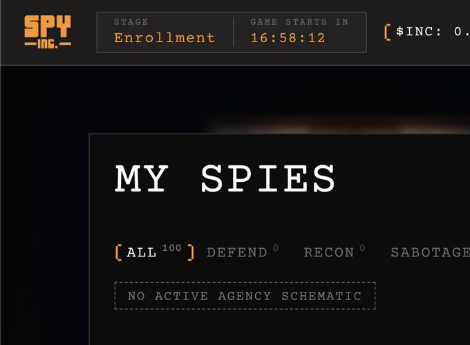 A dark-themed video game interface screen titled "MY SPIES" showing tabs for "ALL 100", "DEFEND 0", "RECON 0", and "SABOTAGE", with text reading "NO ACTIVE AGENCY SCHEMATIC".