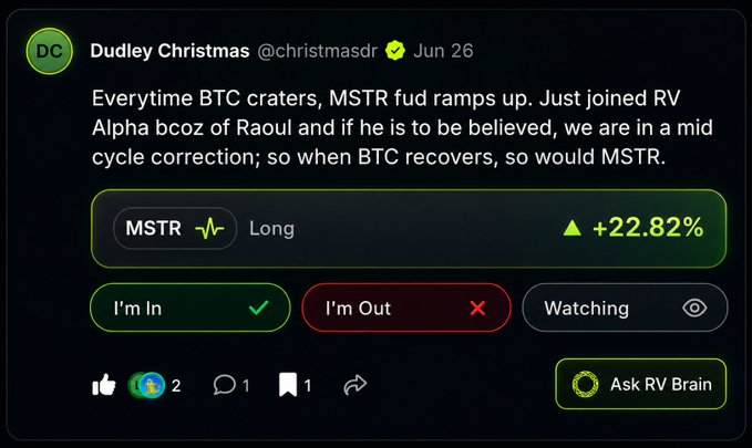 A tweet from Dudley Christmas (@christmasdr) posted on June 26 explains that during BTC mid-cycle corrections, MSTR selloffs occur, and since he believes this is a mid-cycle correction, MSTR will recover alongside BTC—highlighting an MSTR long position showing +22.82% gains with an "I'm In" status. The image illustrates the accompanying post's point about a new RV Alpha member successfully buying the MSTR panic for an early +22.82% return.