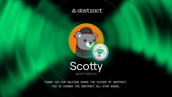 A digital badge from 'abstract' showing a cartoon bear character named 'Scotty' (@scottybmitch) with the text 'THANK YOU FOR HELPING SHAPE THE FUTURE OF ABSTRACT, YOU'VE EARNED THE ABSTRACT ALL-STAR BADGE.'
