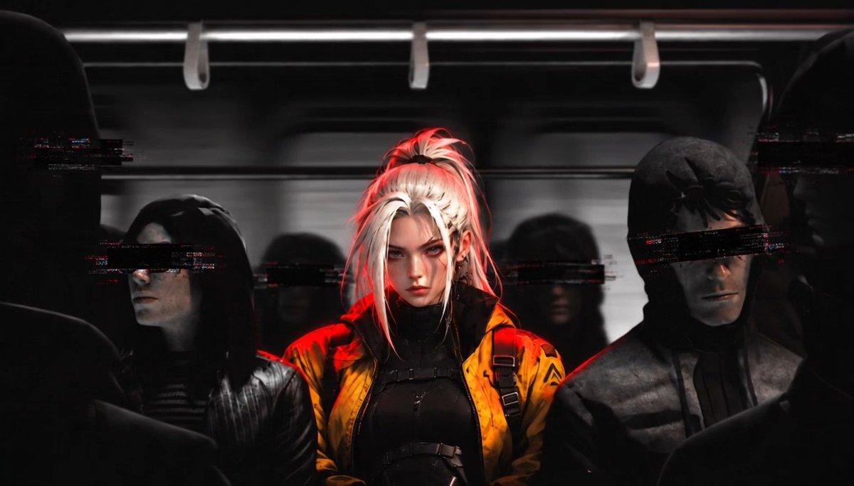 A digital illustration shows a pale woman with white hair in a high ponytail wearing a yellow and black jacket, standing out among hooded figures whose eyes are obscured by glitching static bars.