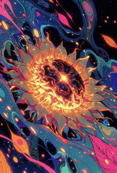 A vibrant digital art illustration featuring a fiery cosmic sun-like sphere with flame petals surrounded by swirling neon blue, pink, and magenta cosmic waves and floating feathers.
