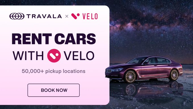 The image features a purple car parked under a starry sky with a planet visible behind it. The background of the image is dark, which contrasts with the vibrant colors of the car and the night sky. In the foreground, there's an advertisement for global car rentals that includes a photo of a car along with text promoting their services. The text on the image reads "HIT THE ROAD WITH VELO Global car rentals are now available with VELO payments @veloprotocol 1,700+ trusted suppliers 50,000+ rental locations worldwide Fast and seamless crypto payments BOOK NOW: travala.com/cars".
