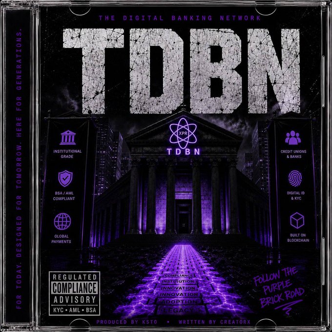 A purple-themed promotional graphic for "TDBM - The Digital Banking Network," featuring the XRP logo and advertising institutional grade banking, credit unions, digital ID, and blockchain technology, produced by KSTO and written by CREATORX.