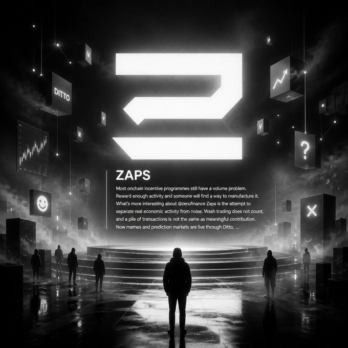 A dark, dramatic digital scene features silhouetted figures facing a glowing logo, with the text "ZAPS" and a paragraph about onchain incentive programs and Ditto memes and prediction markets.