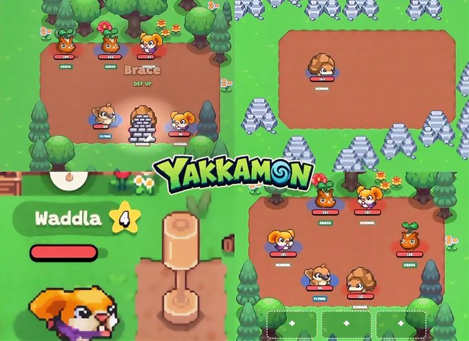A screenshot of the pixel-art style game "YAKKAMON" showing gameplay with characters and a pet named "Waddle" at level 4.