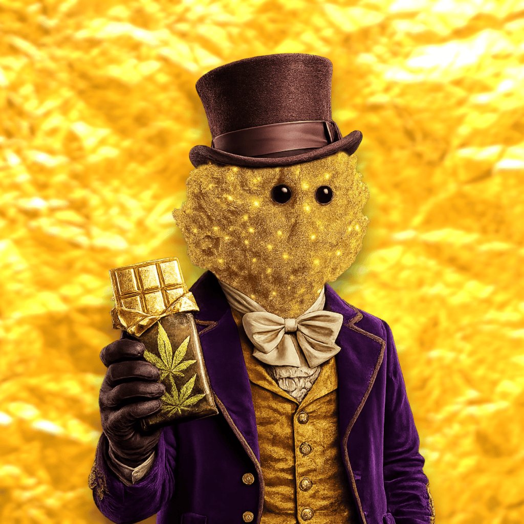 The image features a whimsical cartoon character, specifically a chocolate bar with gold details that appears to have a face made from chocolate. The character is dressed in a purple suit and top hat and has a beard and mustache. They are holding a chocolate bar up against a yellow background, suggesting it's the final batch or a special event related to the chocolate bar. Additionally, there is text below the image, which reads: "Today is the day! The FINAL batch of ℏBUDS mints today at 4:20pm EST on @SentX_io After this drop the collection will be 100% minted out!".