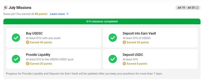A 'July Missions' rewards page showing 4/4 missions completed including Buy USDC (40 points), Deposit into Earn Vault (20 points), Provide Liquidity (20 points), and Deposit USDC (8 points).