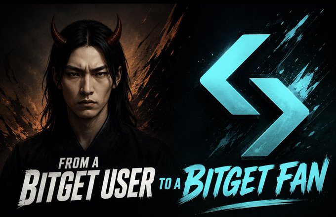 The image features a demonic-looking figure with red horns on the left side against a fiery background, paired with a glowing teal Bitget logo on the right, accompanied by the text "FROM A BITGET USER TO A BITGET FAN." The dark, dramatic imagery reflects the post's narrative of transformation—from a casual Bitget user during the Notcoin Tap-to-Earn era to a devoted fan of the platform.