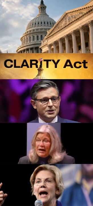 A vertical collage featuring the US Capitol dome with 'CLARITY Act' text, followed by photos of three politicians speaking.